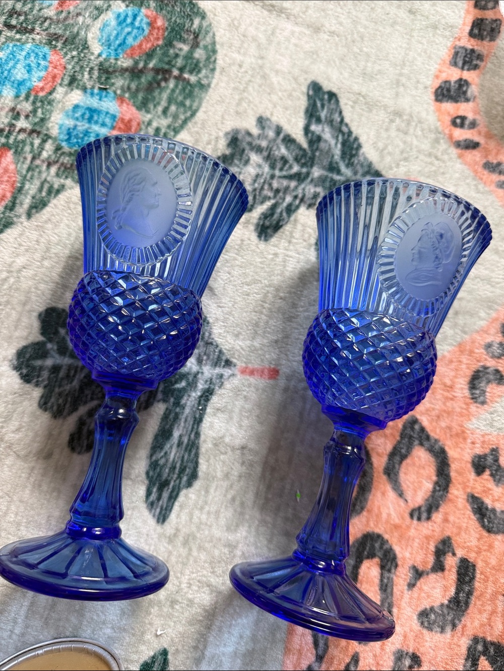 Cobalt Blue Pressed Glass Vases with Medallion Detail - Pair